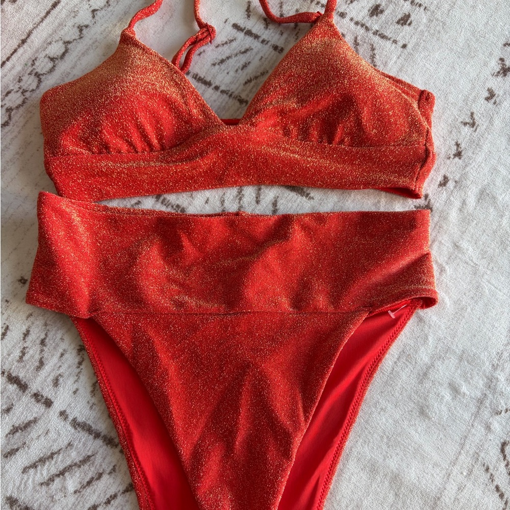 aerie Shimmery Red High-Waist Bikini Set